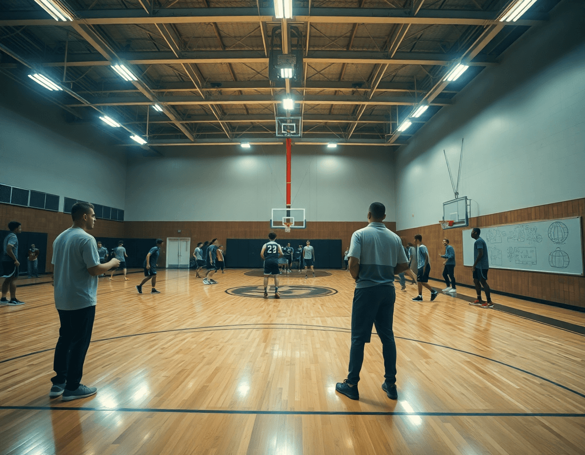 Panorámica de baloncesto euroliga en un gimnasio, entrenador y equipo practicando con pizarra.