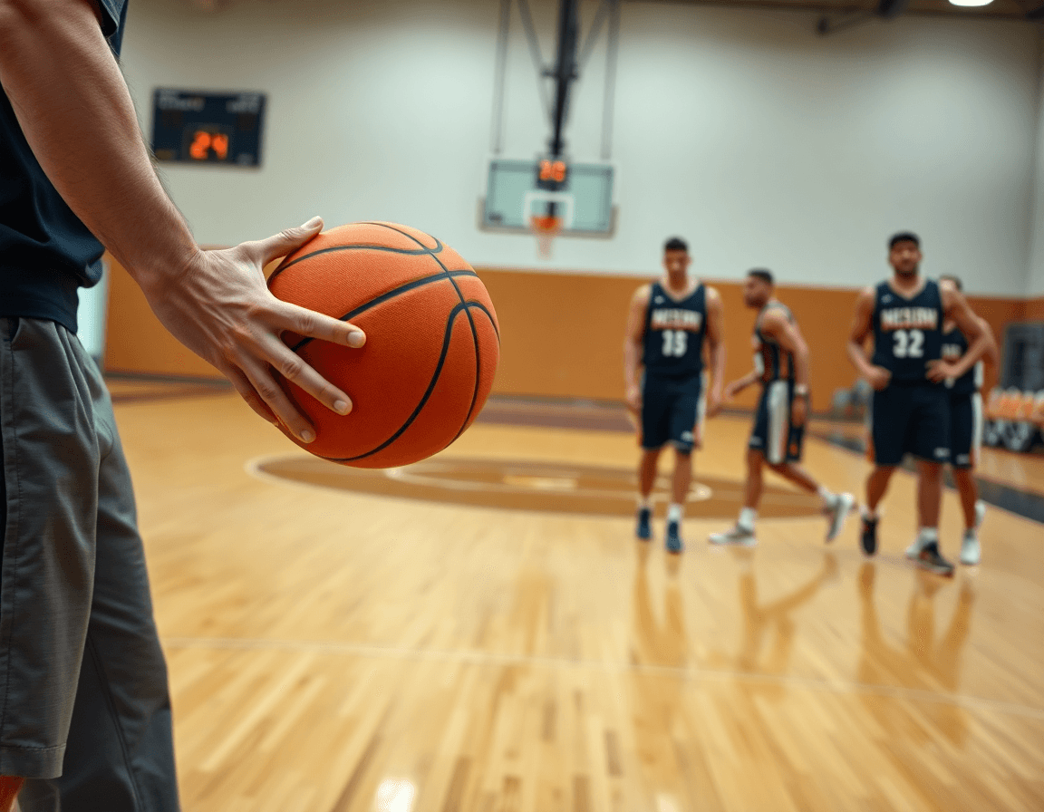 Baloncesto femenino clasificación, primer plano de manos y balón naranja durante drill de manejo.