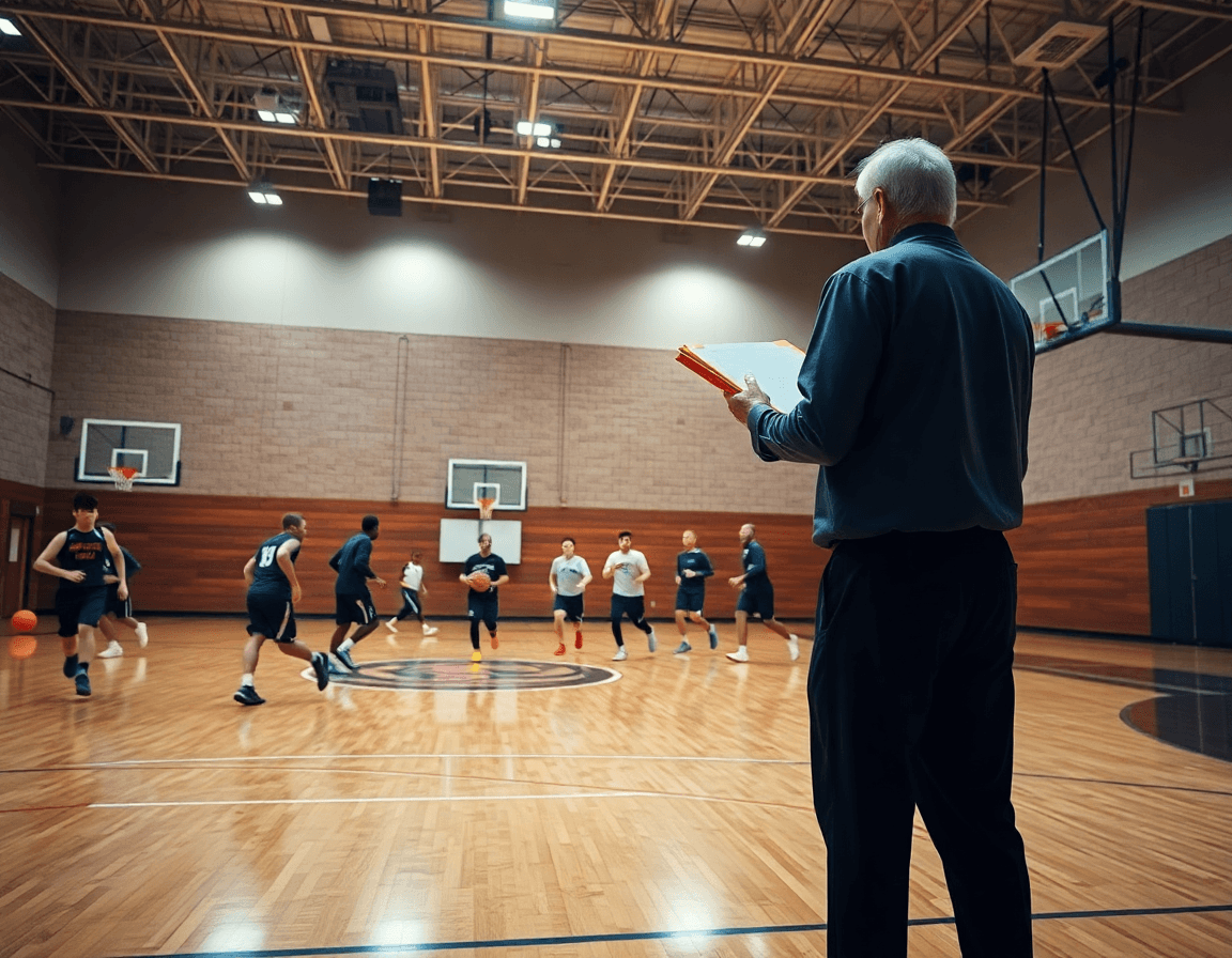 Baloncesto femenino clasificación: escena amplia de gimnasio, coach y equipo entrenando en la cancha.