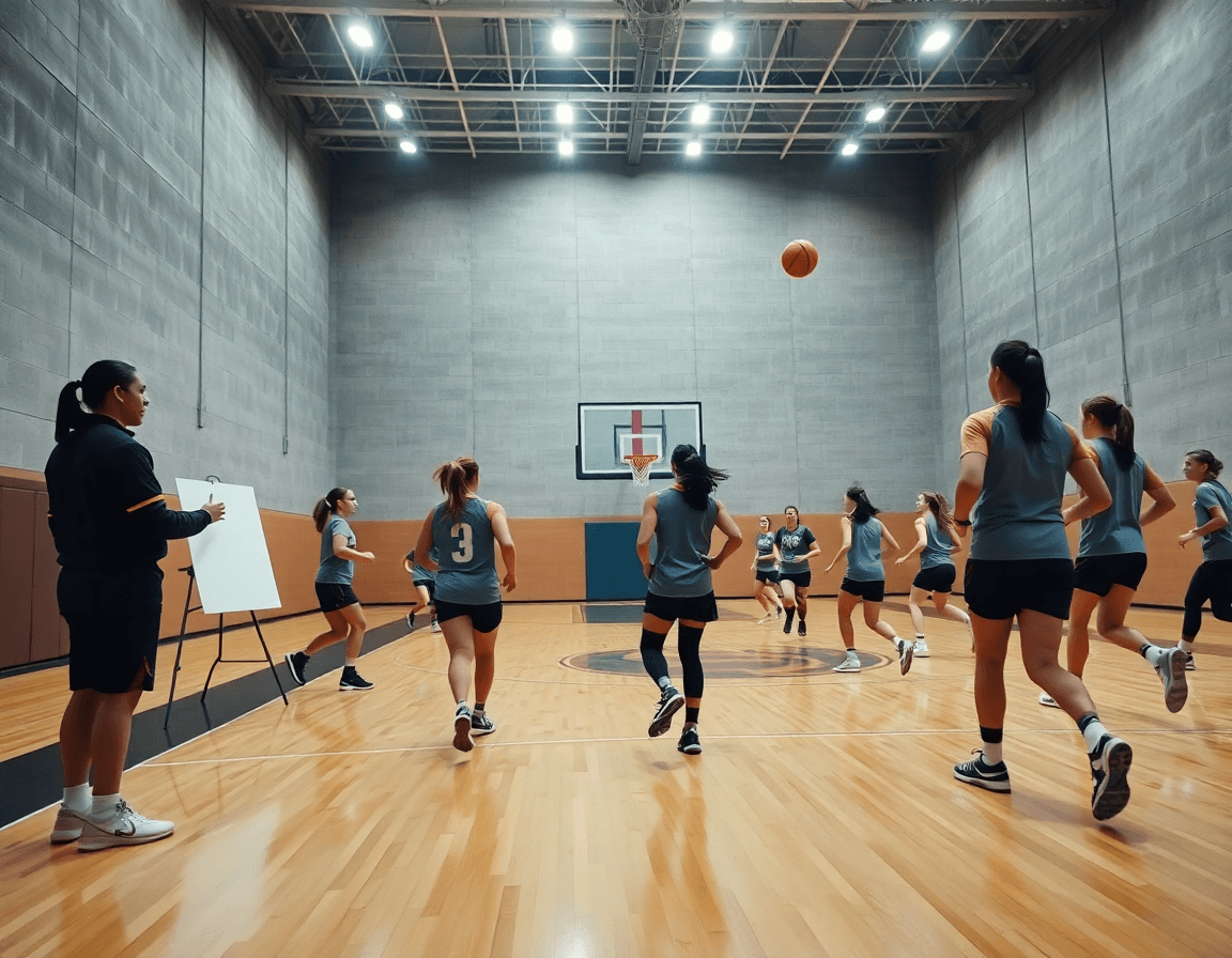 baloncesto femenino españa hoy: sesión de entrenamiento en gimnasio con jugadoras y entrenador.
