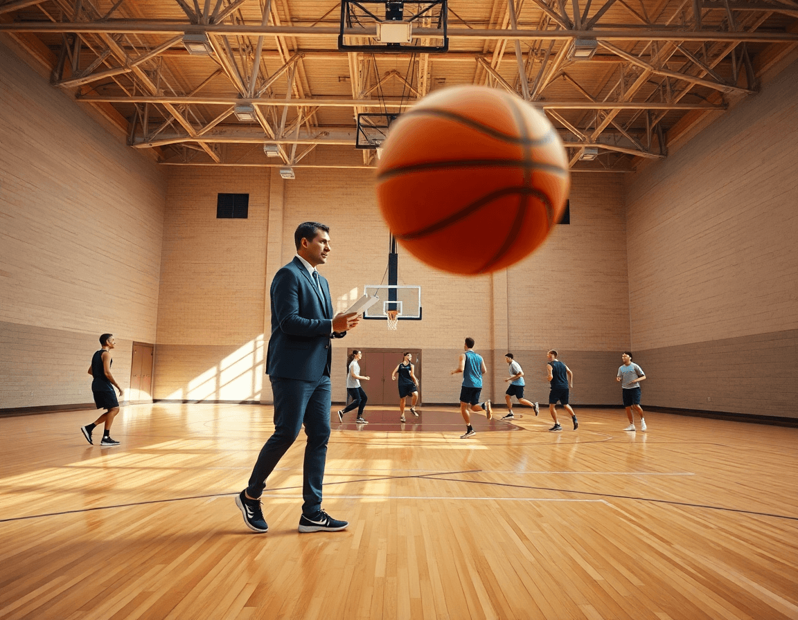 Baloncesto femenino selección española entrenando en un gran gimnasio, entrenadora con pizarra y jugadores.