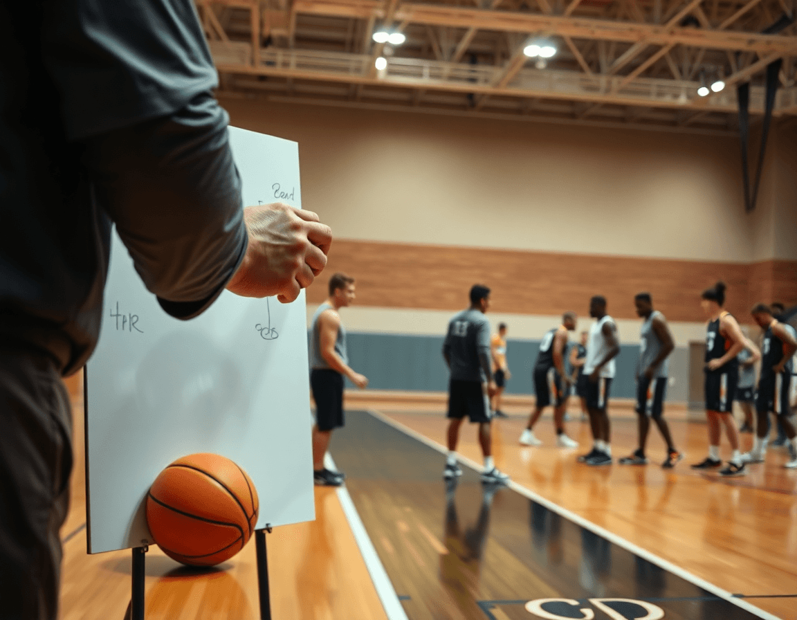 Primer plano de baloncesto hoy: el entrenador dibuja una jugada mientras estudian baloncesto hoy.