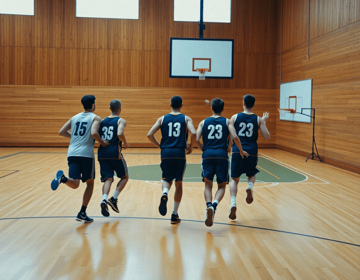 Plano corto: cinco jugadores ejecutan una jugada de baloncesto hoy mientras el entrenador señala la pizarra táctica.