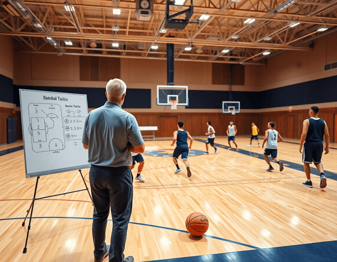Baloncesto hoy: entrenador con tablero táctico dirige práctica en un gimnasio; jugadores practican.