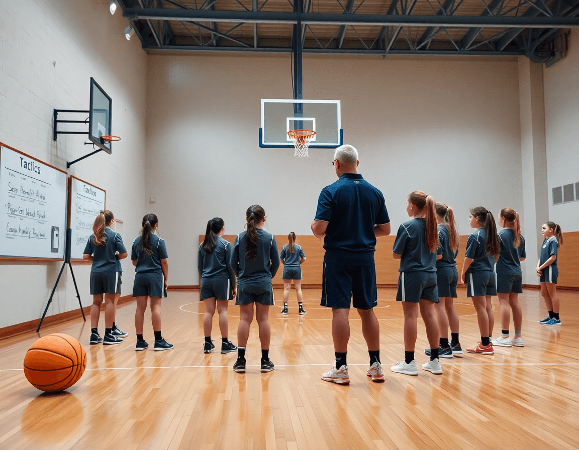 baloncesto infantil femenino zaragoza: entrenador dirige desde la banda mientras niñas observan con espaldas a la cámara.