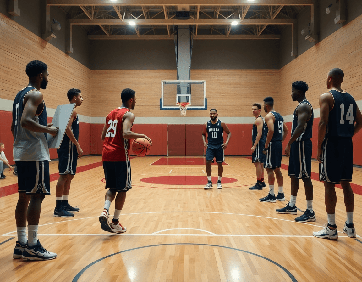 baloncesto infantil imprimir jugadores de basquet para maqueta entrenador con pizarra táctica sobre la cancha.