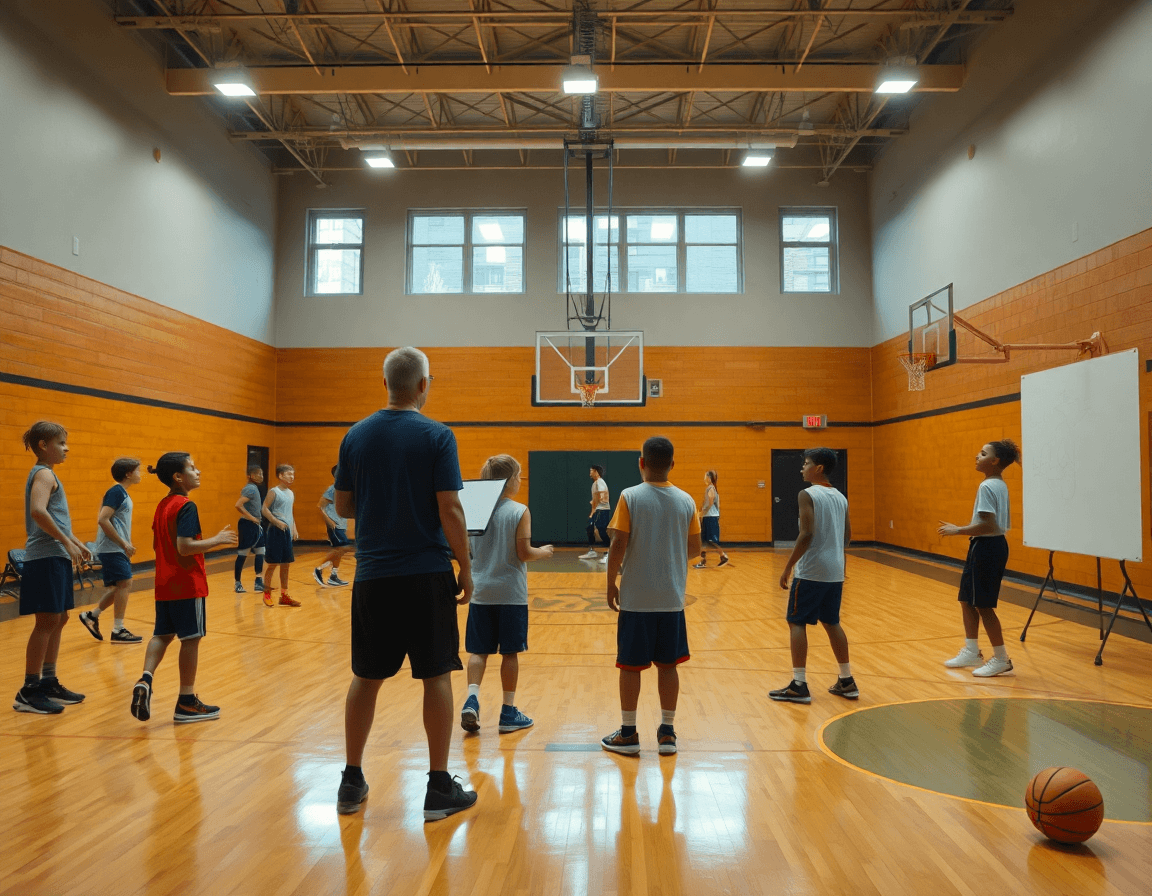 Plano amplio de baloncesto infantil en un gimnasio, entrenador guía jugadas mientras niños practican con balones.
