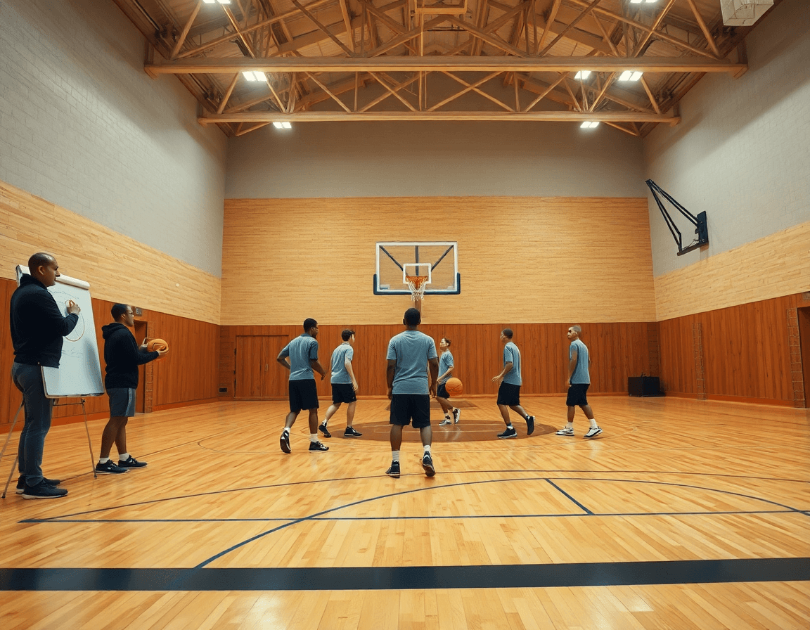 baloncesto junior castilla la mancha: entrenamiento de equipo en una cancha de madera iluminada.