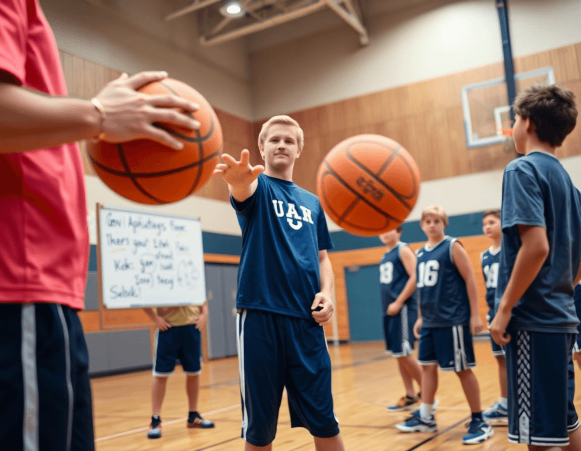 Primer plano de baloncesto juvenil durante entrenamiento, entrenador con pizarra y balón naranja.