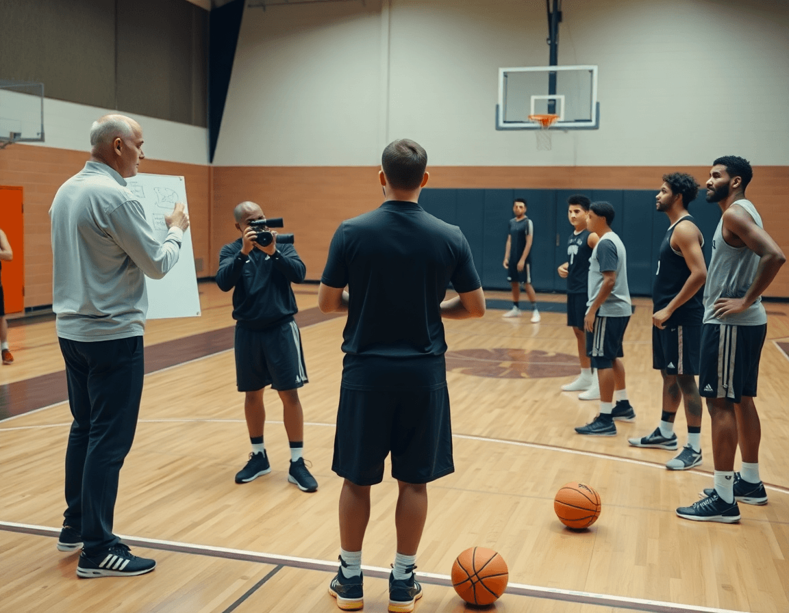 Plano medio de baloncesto juvenil con entrenador explicando espaciado y juego en la pizarra.
