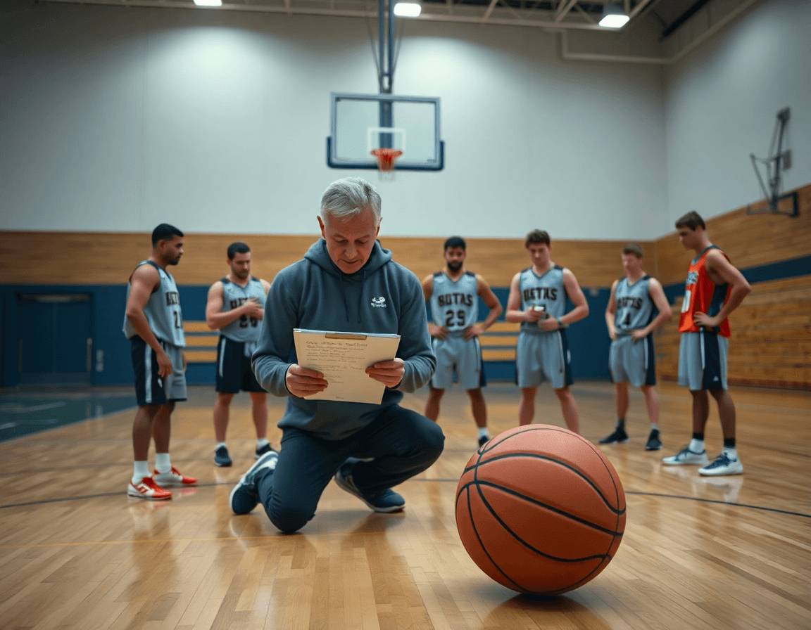 Amplia toma de baloncesto juvenil observando a un entrenador con informes y notas.