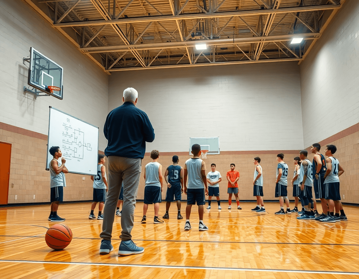 Escena amplia de baloncesto juvenil en un gimnasio interior, entrenador con pizarra y jugadores preparándose para el juego.