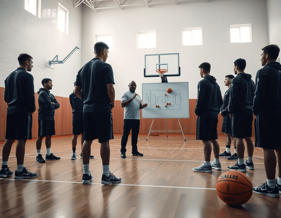 Escena de baloncesto pivot alero y base: entrenador explica roles sobre la cancha.