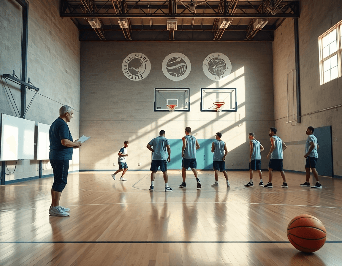 baloncesto pivot alero y base en acción: jugadores y coach en una cancha de baloncesto.