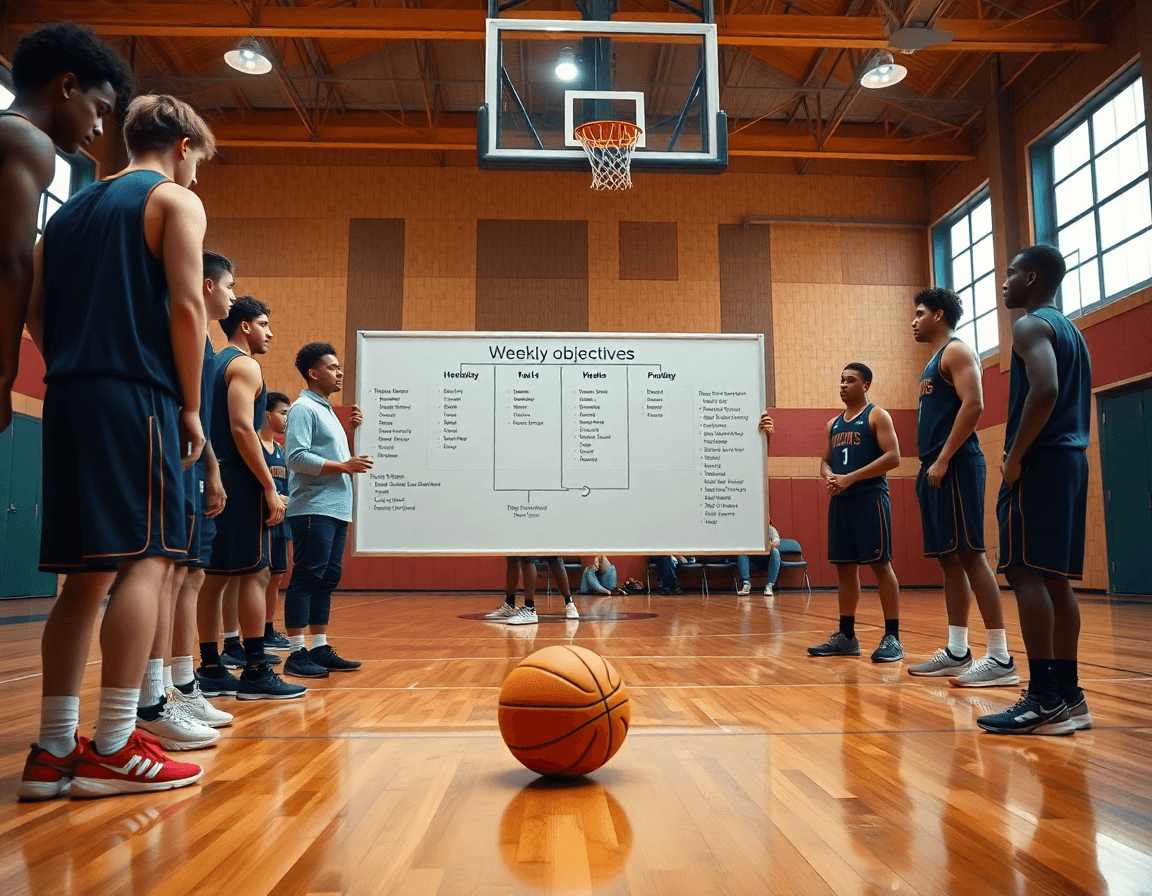 Plan semanal de baloncesto en gimnasio, entrenador explica objetivos y estructura al equipo.