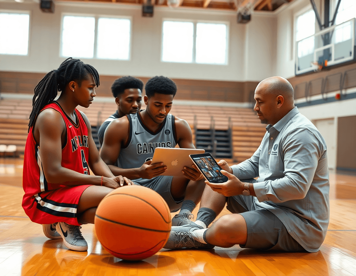 Equipo revisa clips de baloncesto en tablet y laptop durante práctica en baloncesto.
