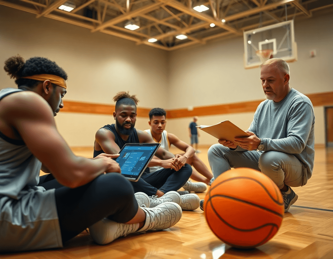 Jugadores navegan por listas de reproducción de baloncesto mientras el entrenador coordina.