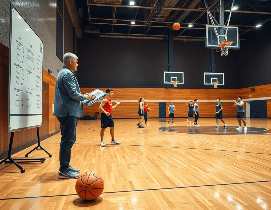 Gran escena cinematográfica de baloncesto en un gimnasio, entrenador y equipo entrenando juntos.