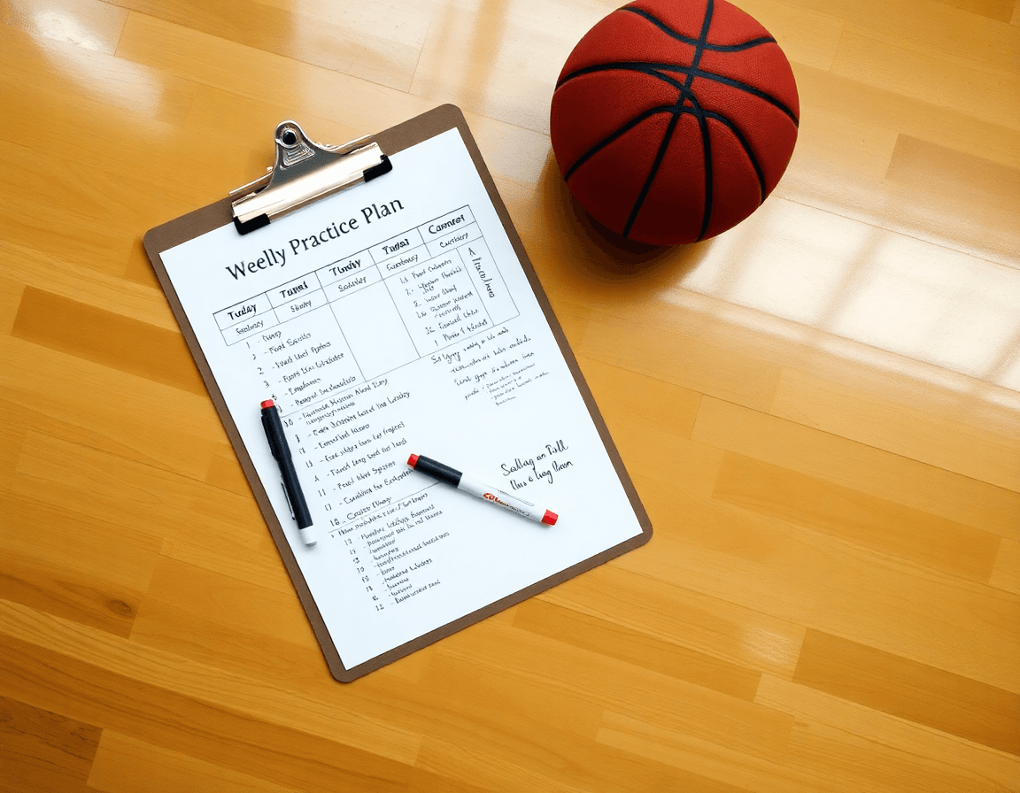 Coach's weekly practice plan on a clipboard