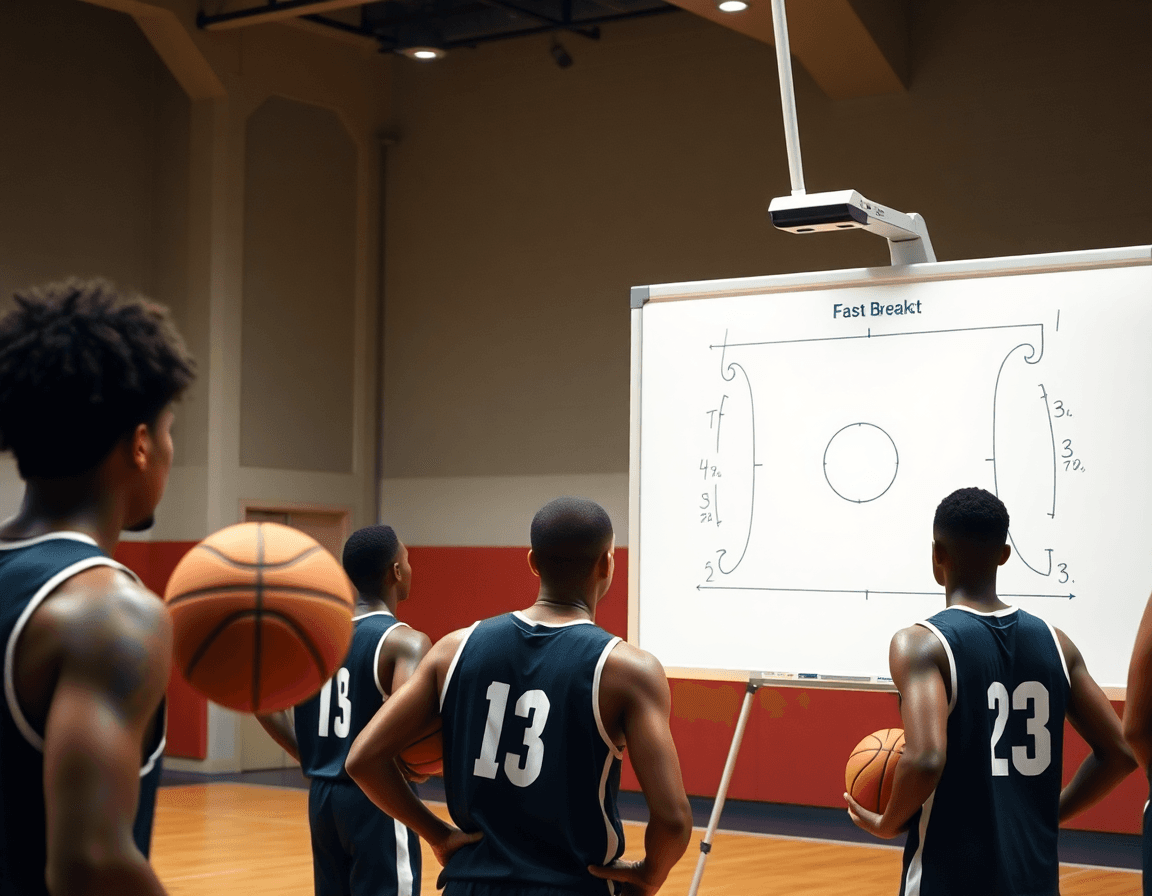 Técnicas de baloncesto ilustrando una jugada, con entrenador explicando baloncesto a los jugadores.