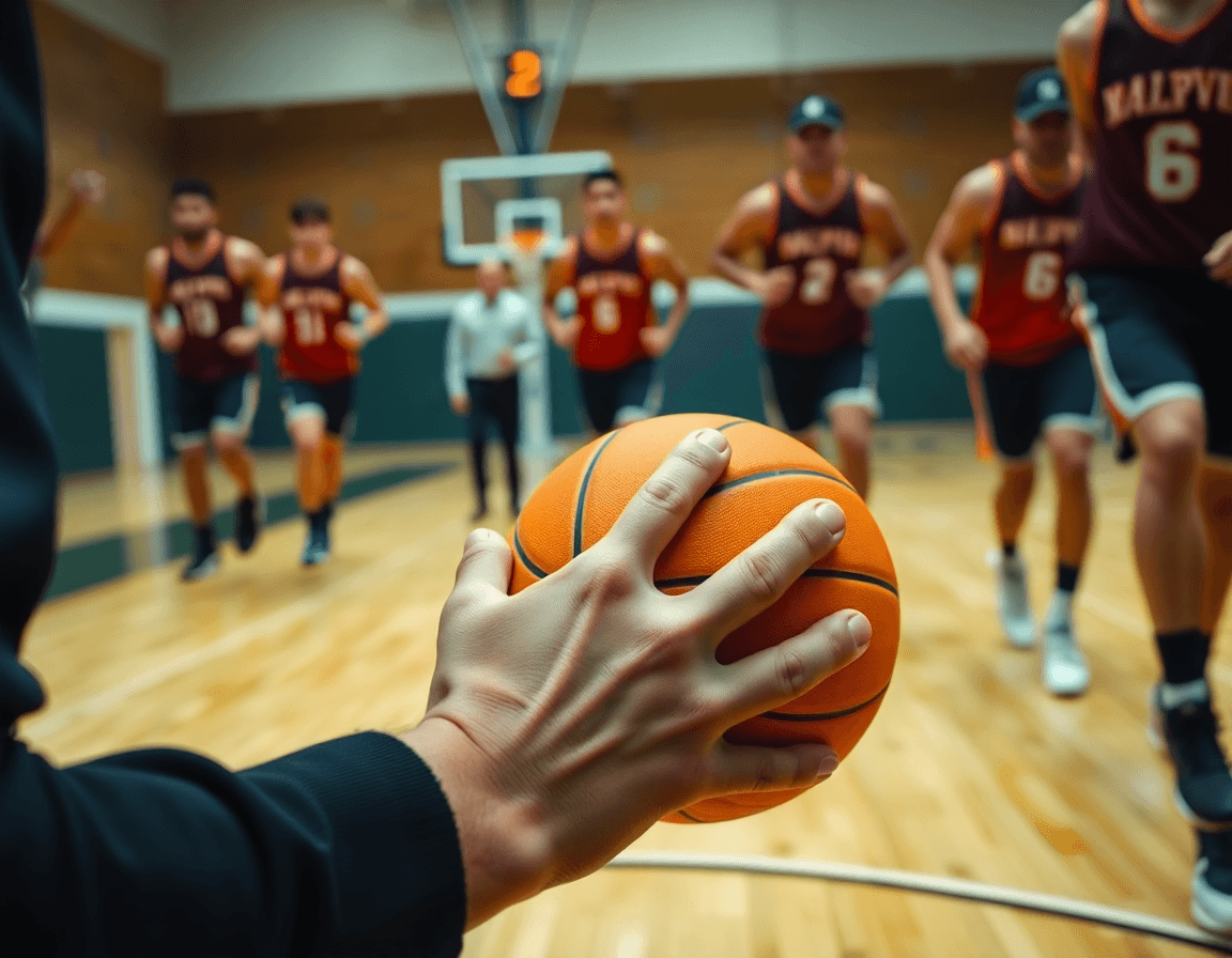 Primer plano de manos con balón naranja en baloncesto, mientras se ejecuta un drill de baloncesto.