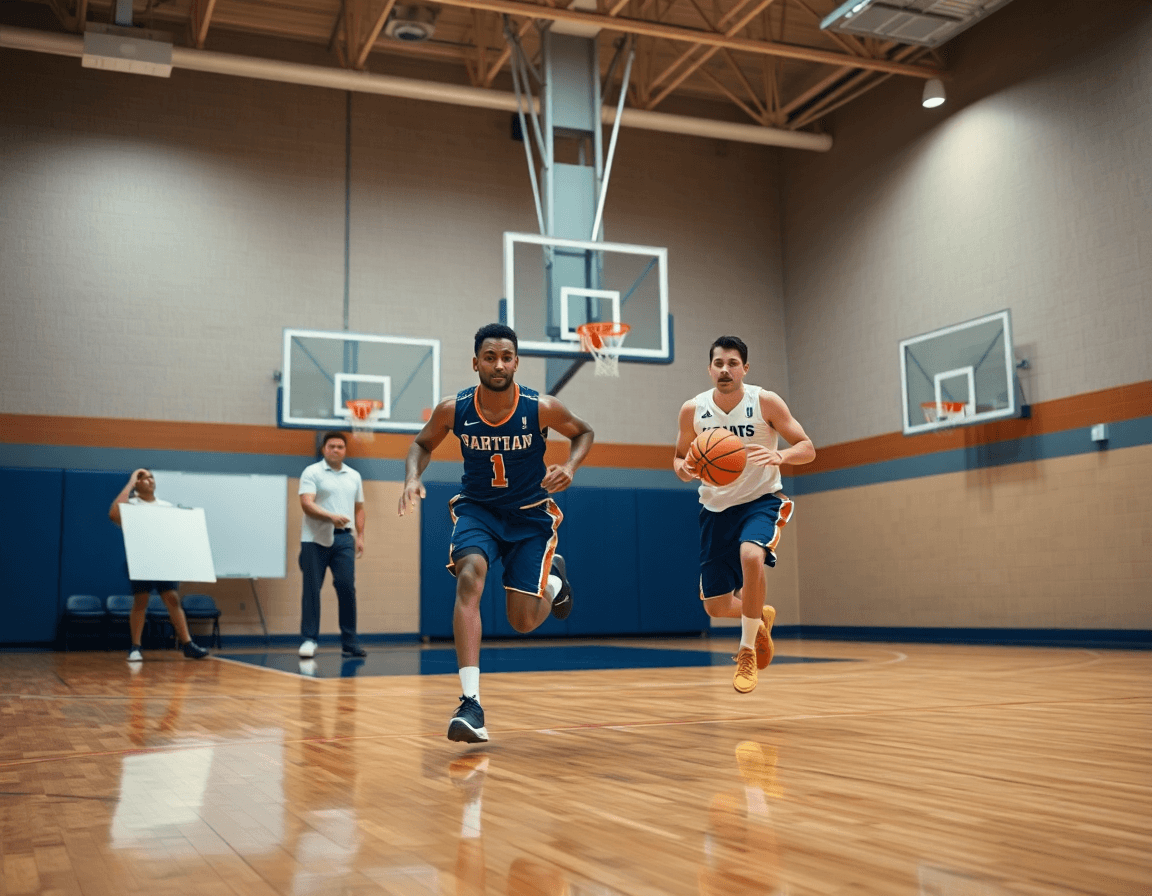 Primer plano de dos jugadores baloncesto ejecutando contraataque junto a un aro y tablero baloncesto zero codes.