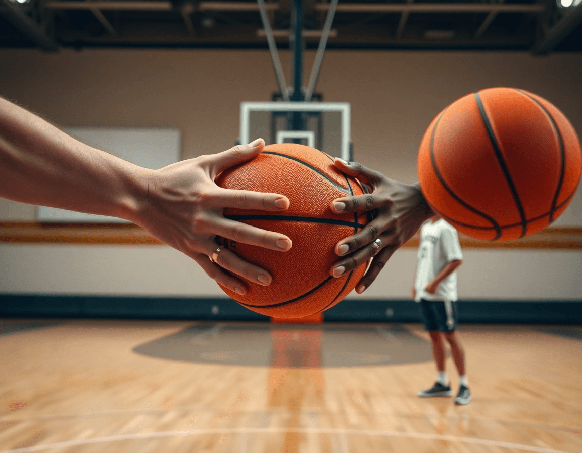 Primer plano de manos pasando un balón de baloncesto mientras el entrenador revisa baloncesto zero codes en tablero.