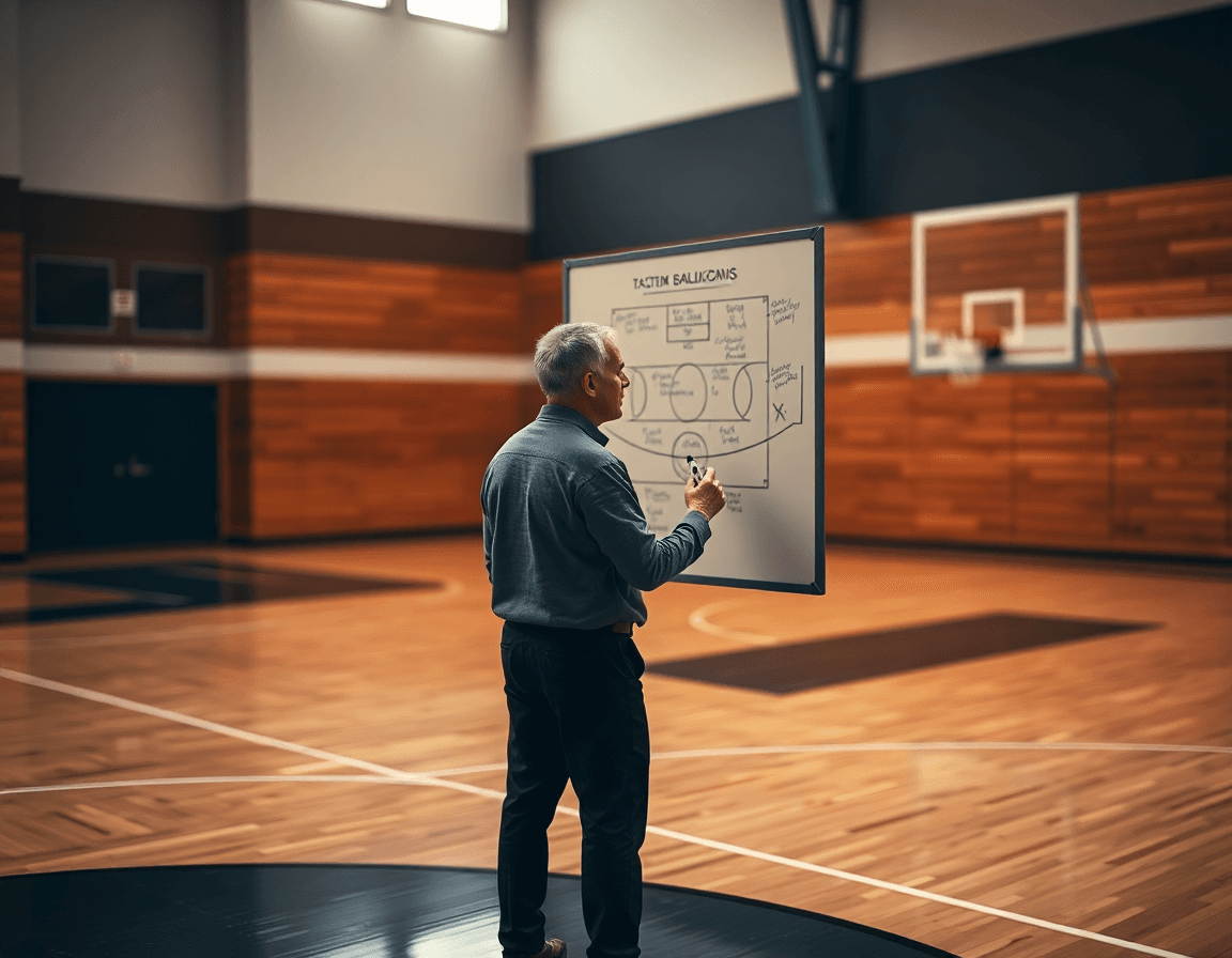 Coach explaining tactics on a gym whiteboard