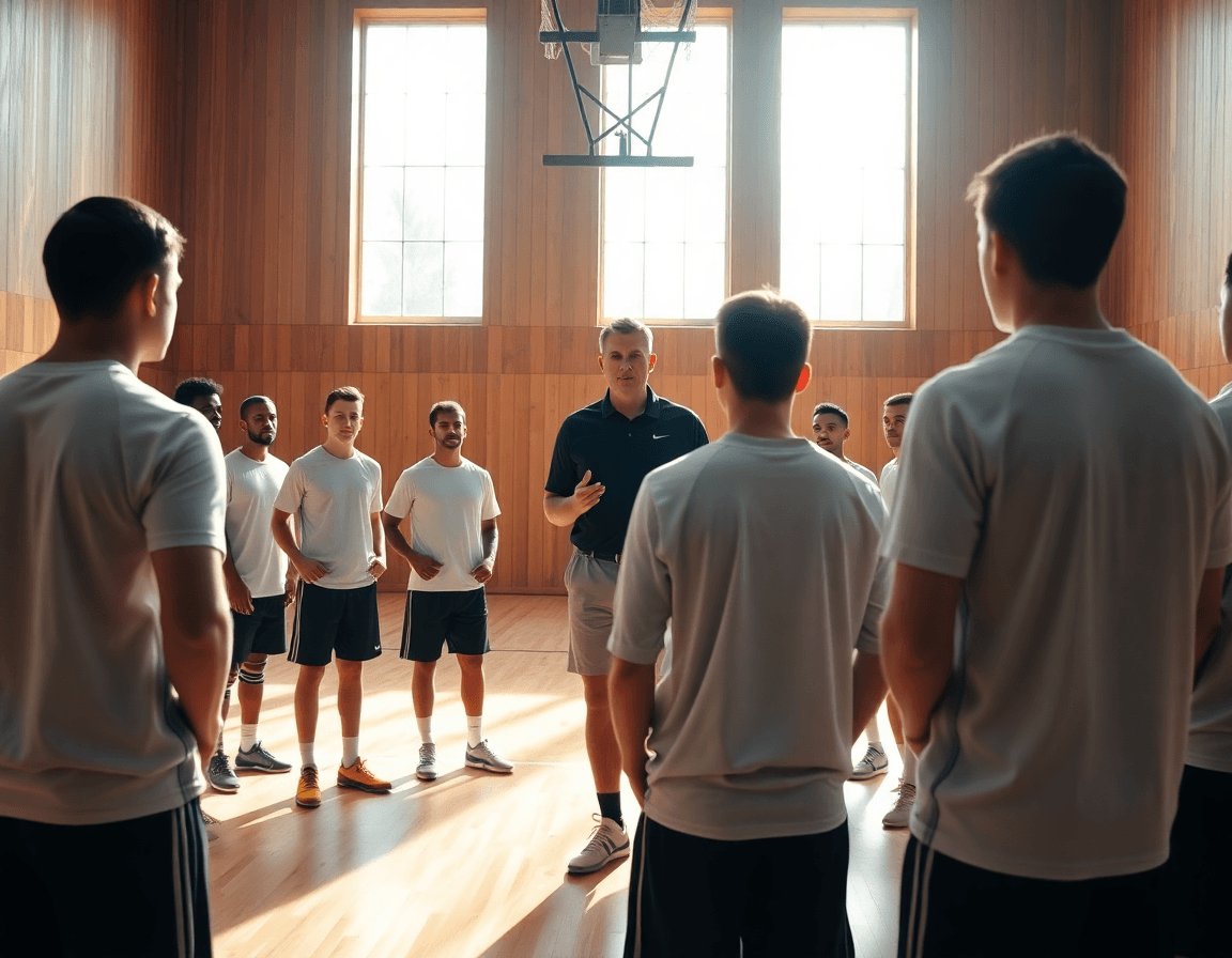 Escena amplia en un gimnasio de baloncesto, entrenador con tablero guía baloncesto zero codes durante la práctica.