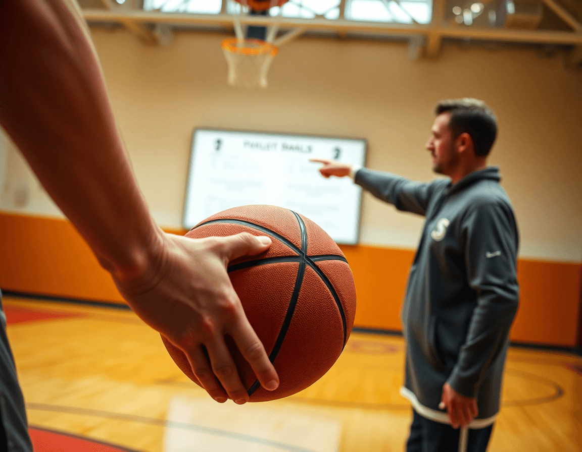Primer plano de manos con basket mientras entrenador señala un pizarrón táctico en el gimnasio.