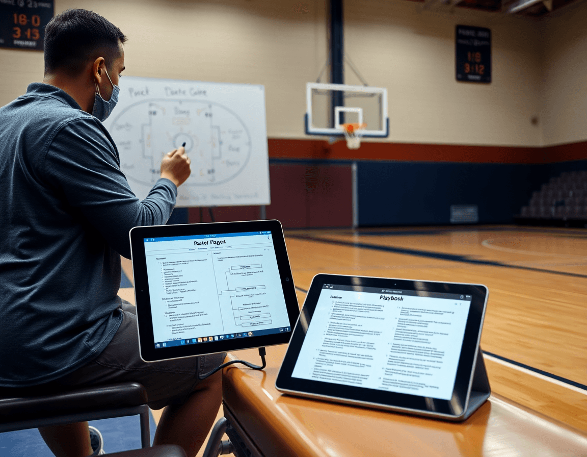 Entrenador de baloncesto explica jugadas en pizarra, mientras PDF de la estrategia de basket se ve.