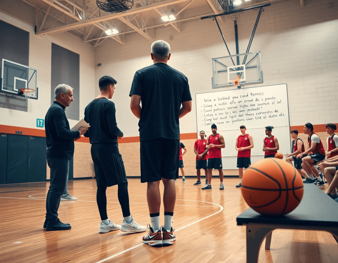 Entrenador dirige sesión en gimnasio de baloncesto con jugadores practicando, basket visible cerca del tablero.