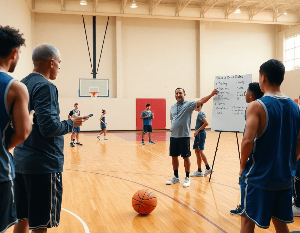 Escena de entrenamiento explicando reglas básicas de basket como se juega, entrenador señalando.