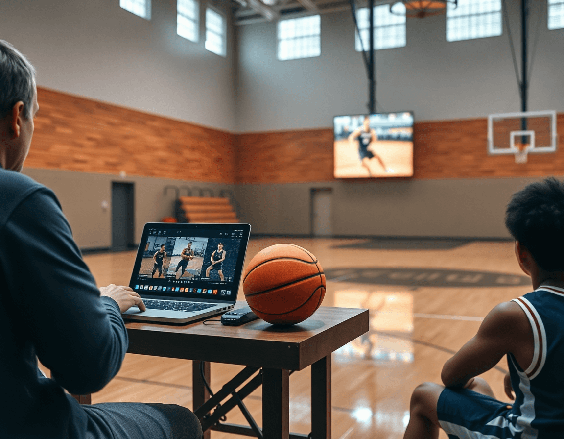 Edición de clips de basket como se juega para enseñar fundamentos, entrenador revisando en portátil.