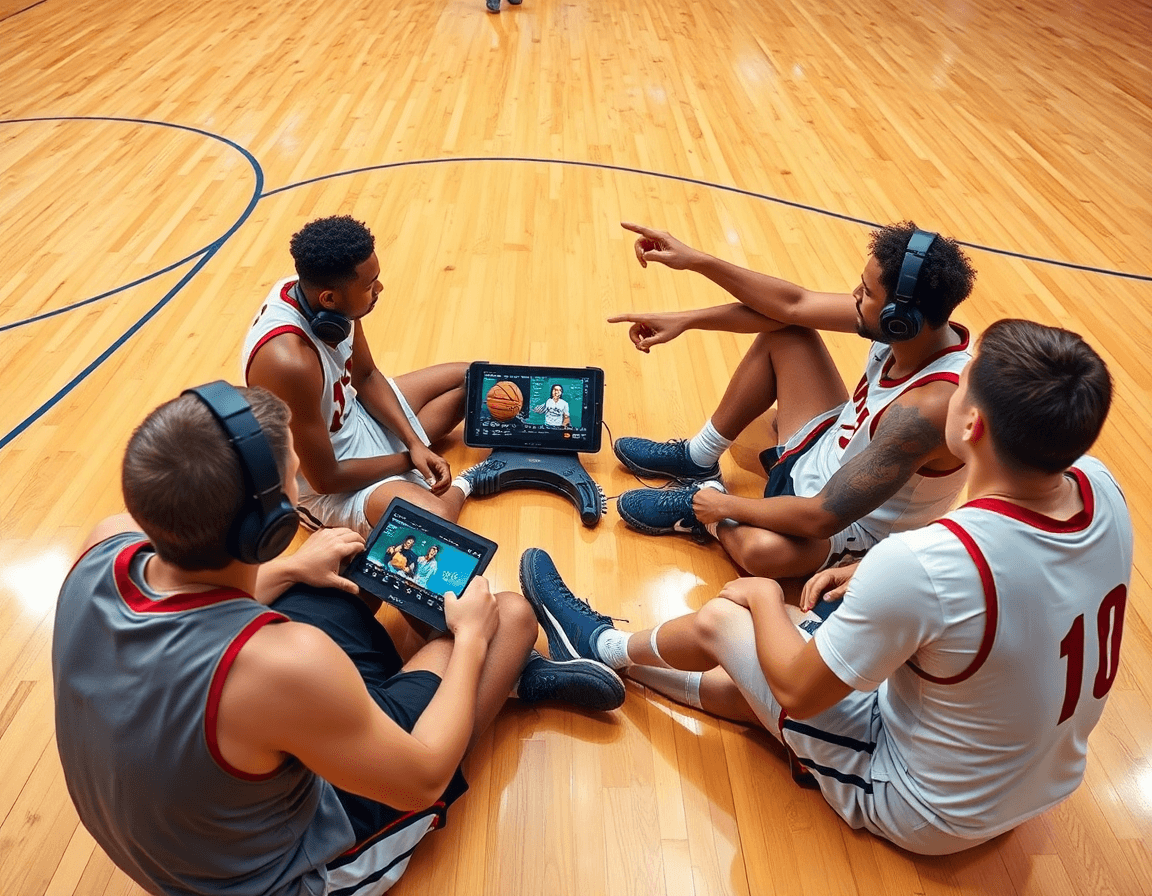 Revisión de playlist de basket como se juega en tablet, jugadores atentos y listos para practicar.