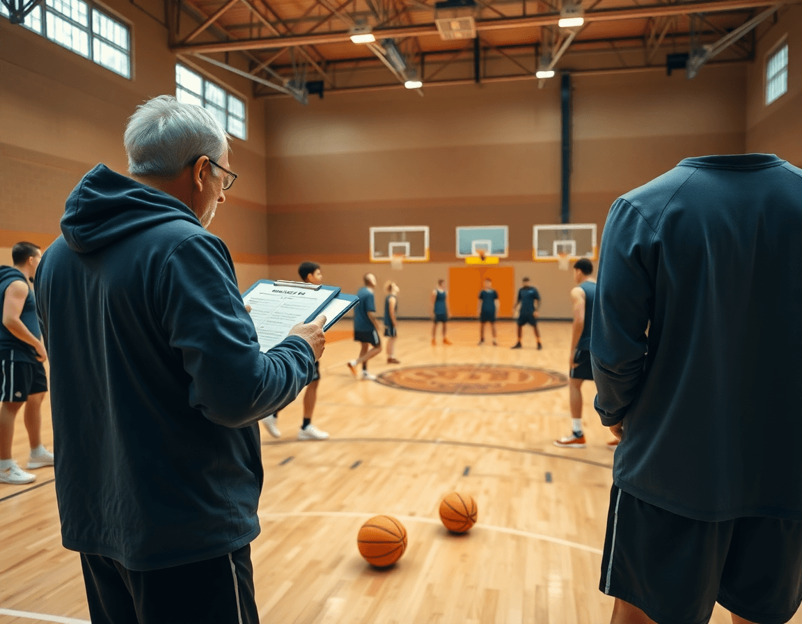 Plano general de un gimnasio de basketball durante entrenamiento con coach y jugadores practicando basket como se juega.