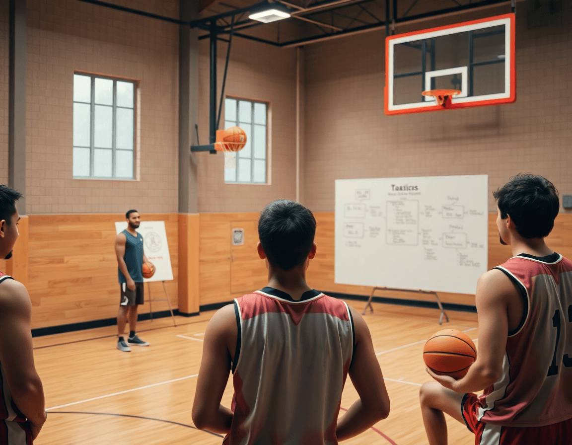 Alt: basket como se juega y reglas se explican a jugadores en una cancha de baloncesto durante la práctica.