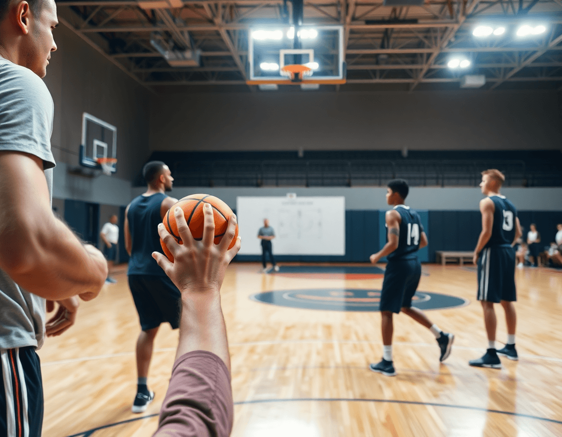Alt: basket como se juega y reglas se practican durante una práctica de baloncesto mientras se dibuja una jugada.