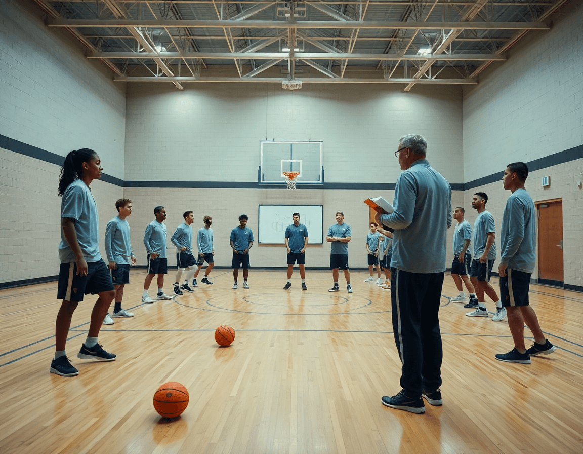Alt: basket como se juega y reglas se practican en una cancha de baloncesto durante el entrenamiento.