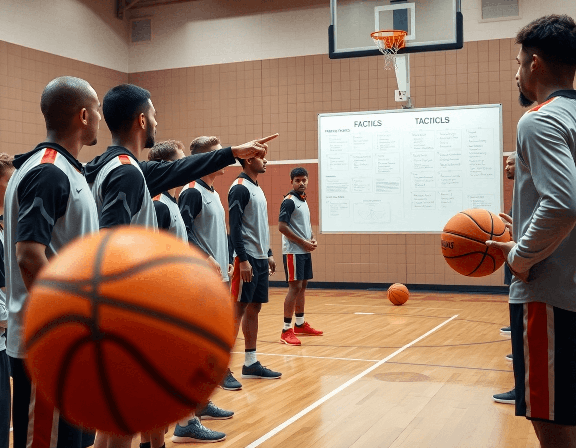 Primer plano del entrenador mostrando tácticas en la pizarra mientras entran a canasta durante basket