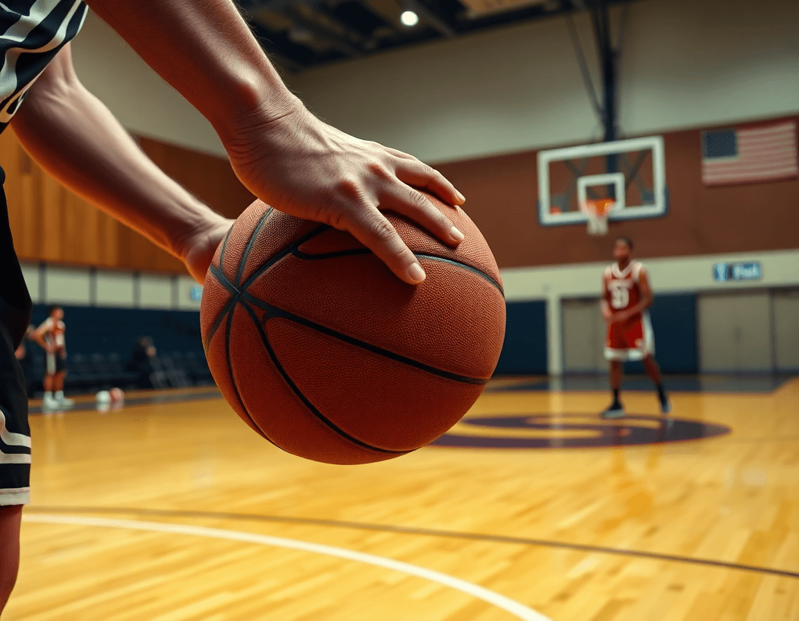 Manos de jugador driblando la pelota de baloncesto junto a la cancha de basket, iluminación de gimnasio
