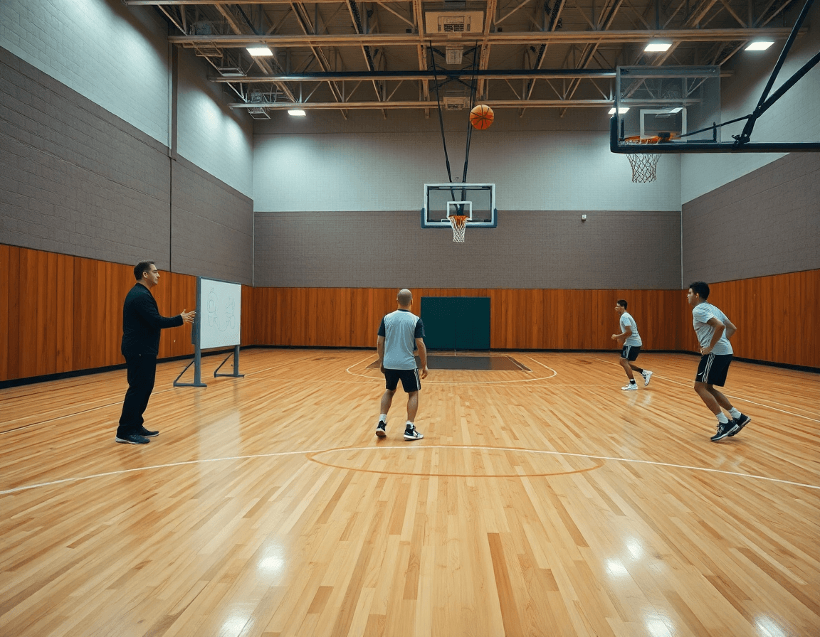 Amplia escena de baloncesto en gimnasio, planificando entradas a canasta en basket