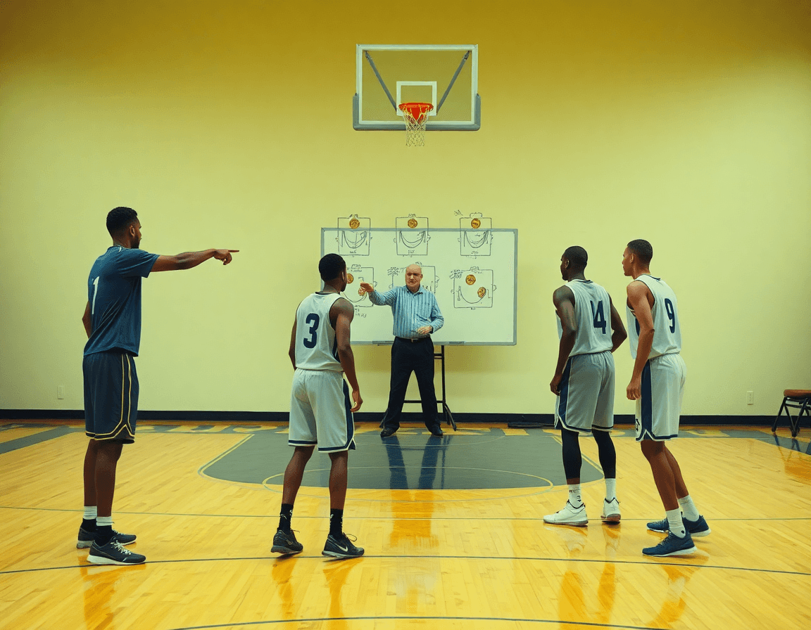 Entrenador señala un tablero con diagramas de baloncesto mientras jugadores ejecutan una pantalla y rodaje.