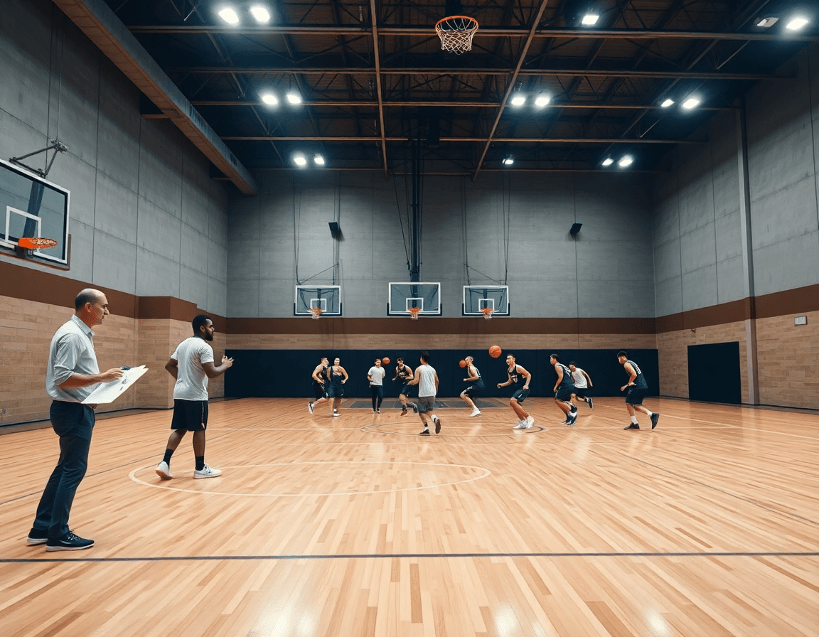 Escena amplia de baloncesto en un gimnasio con entrenador y jugadores, bloqueo baloncesto en ingles para fotógrafos.