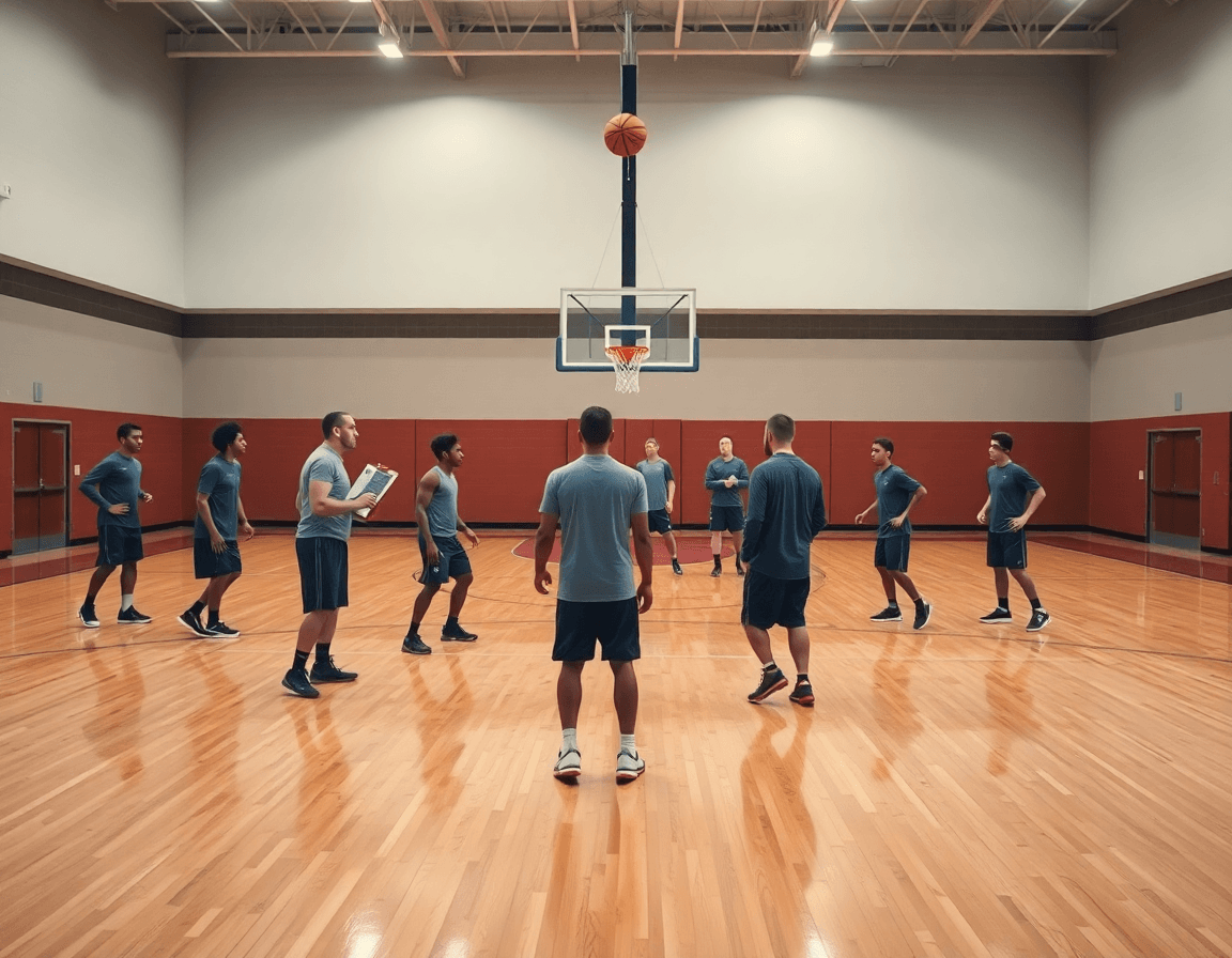 Gran escena de bloqueo directo baloncesto ejercicios en la cancha, equipo y entrenador en acción.