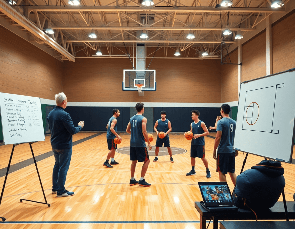 Bloqueo indirecto baloncesto ejercicios en acción durante entrenamiento activo de baloncesto en gimnasio.