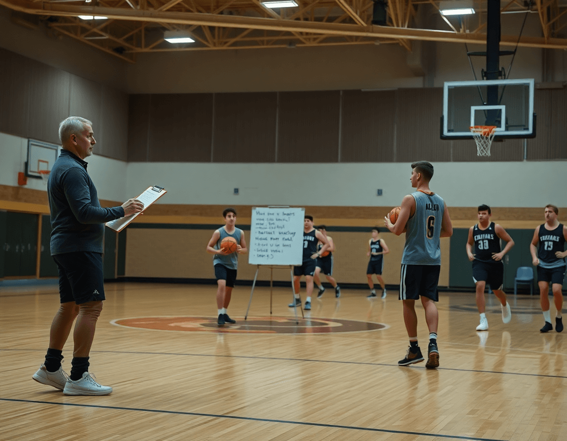 Calentamiento baloncesto cadete en pista interior con entrenador, jugadores estirando y balón naranja.