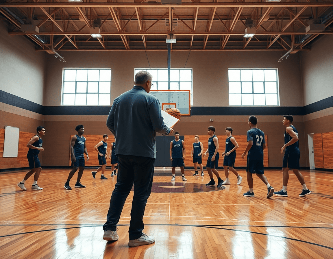 Plan semanal de calentamiento baloncesto cadete en gimnasio con entrenador, pizarra y balón naranja.