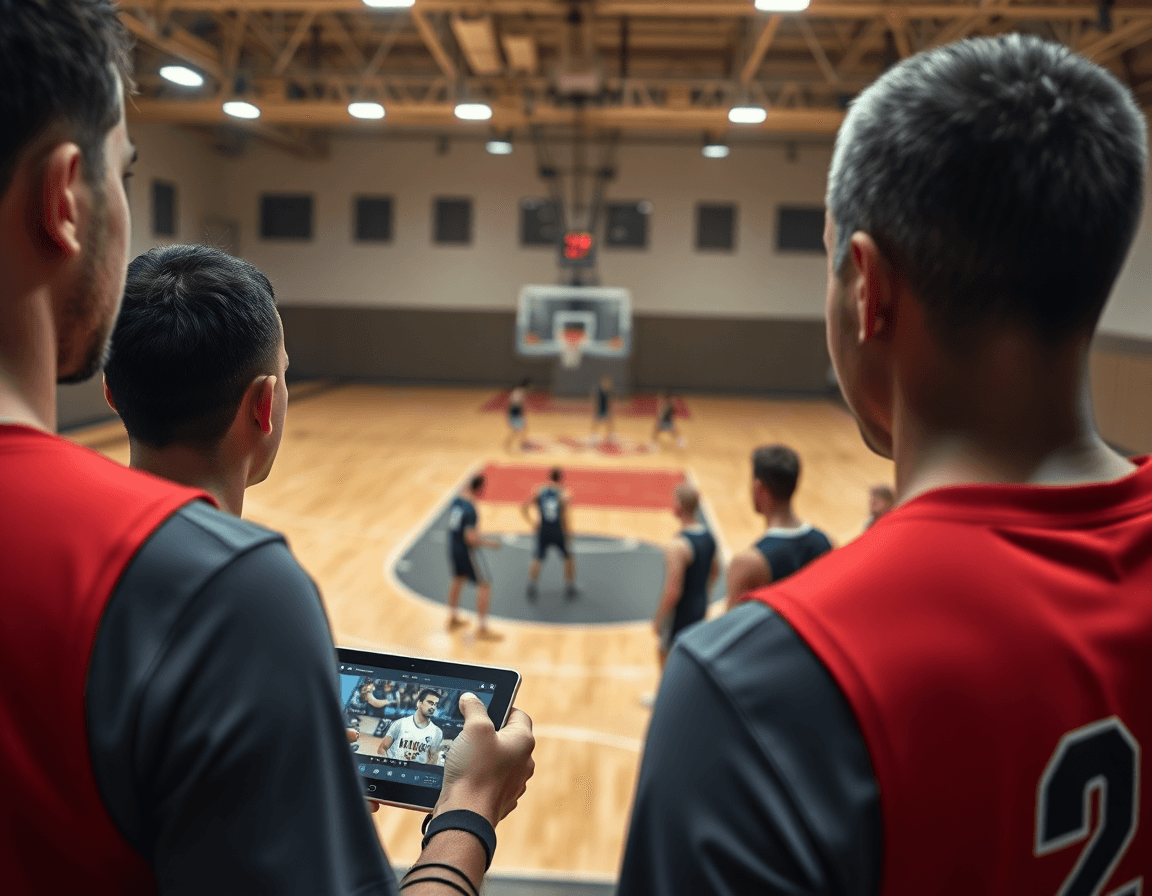 Primer plano de calentamiento baloncesto ejercicios, entrenador mostrando clips en una tablet para corregir.
