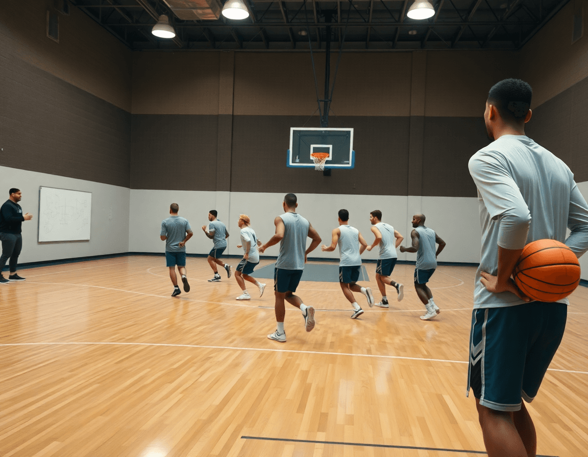 Escena amplia de calentamiento baloncesto ejercicios en un gimnasio, entrenador dirige jugadores en baloncesto.